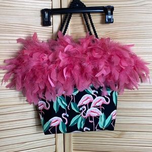 Just Bag It Bags Pink Flamingo Black with Pink Feathers and Velvet Rope Handles